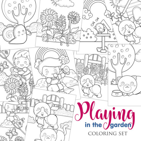 Kids Boy and Girl Playing in The Garden with Animals on Summer Holiday Coloring Set cover image.