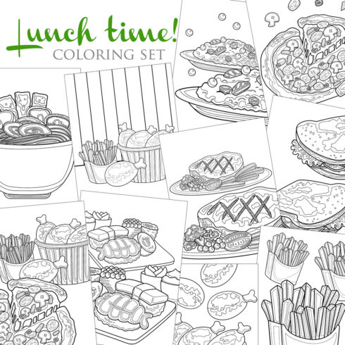 Delicious Lunch Time Like Pizza Noodle Ramen Sushi Junk Food Steak Sandwich Curry Rice Coloring Pages for Kids and Adult cover image.