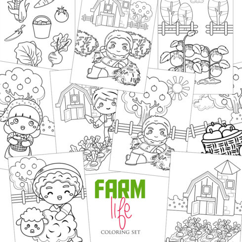 Fun Farm Life Activity with Kids Farmer Family and Animals Coloring Pages Set cover image.