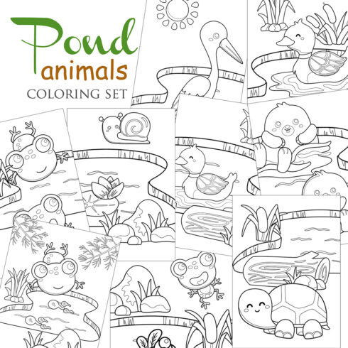 Pond Animals Frog Duck Turtle Beaver Raven Nature Coloring Pages for Kids and Adult cover image.