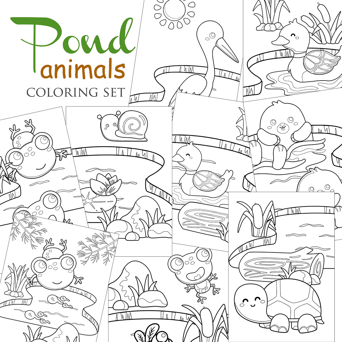 Pond Animals Frog Duck Turtle Beaver Raven Nature Coloring Pages for Kids and Adult cover image.