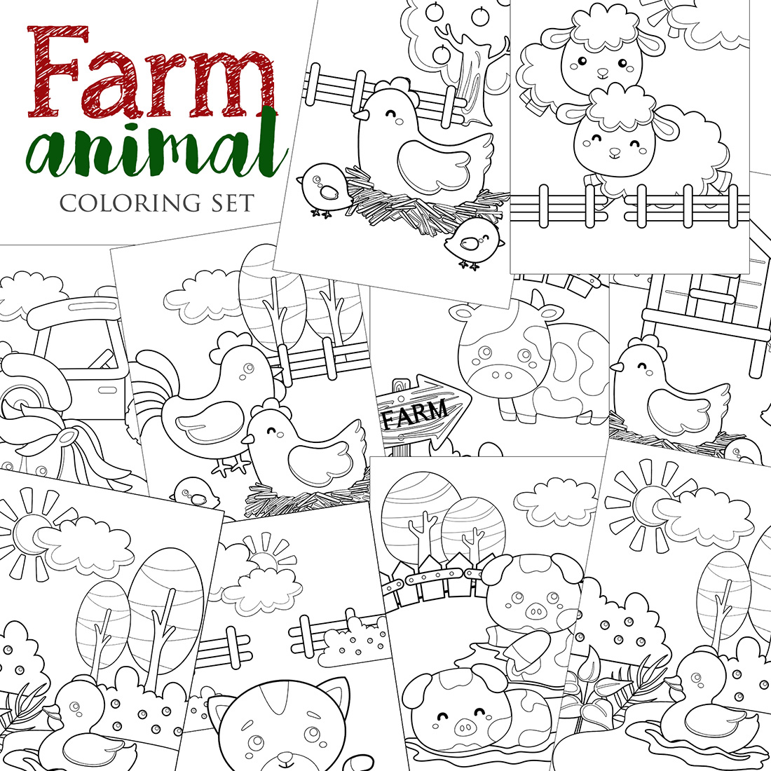 Cute Farm Animals Like Sheep Cow Horse Chicken Pig Nature and Farmer Tractor Coloring for Kids and Adult cover image.