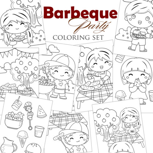 Kids Making Outdoor Barbeque BBQ Food Party Activity Coloring Set cover image.
