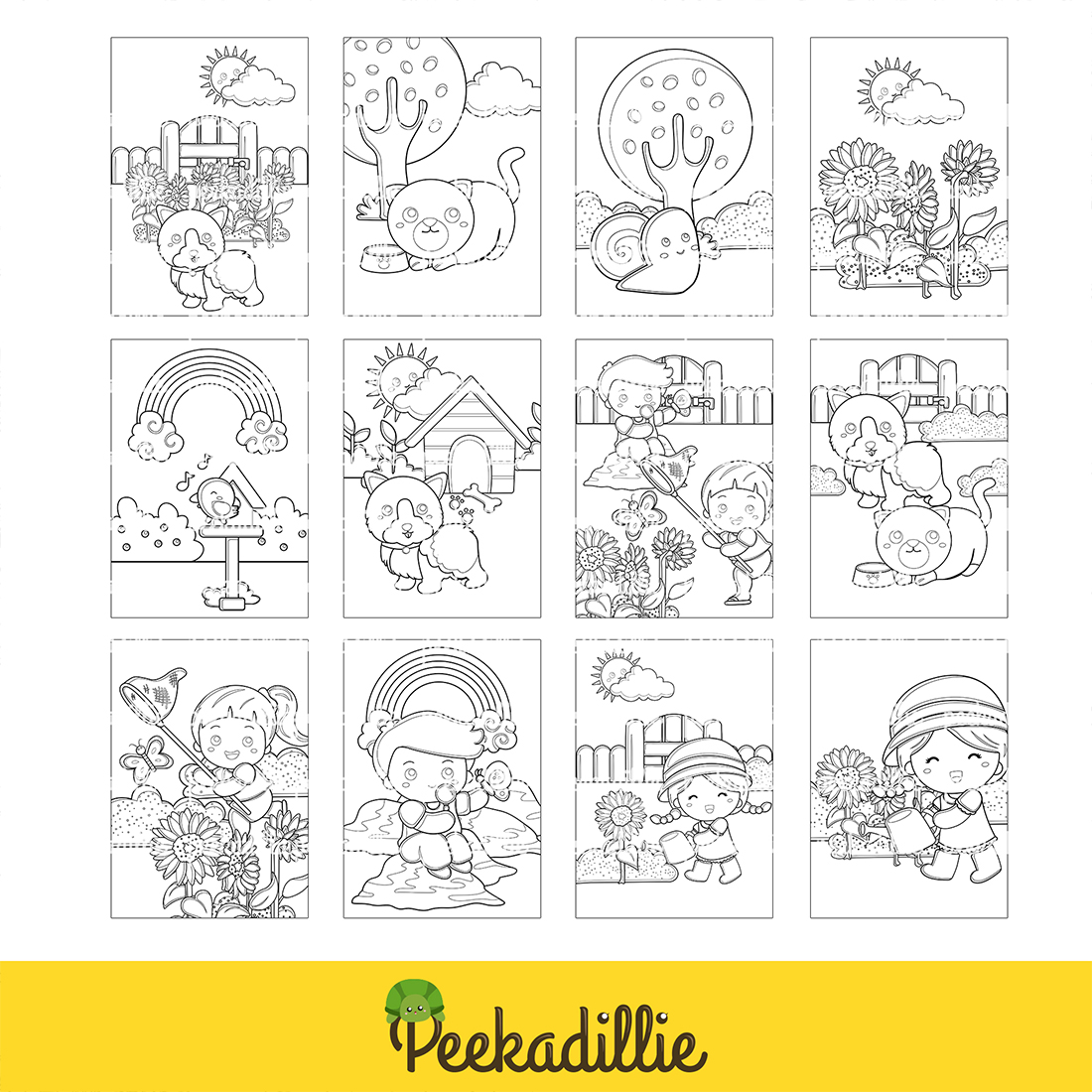 Kids Boy and Girl Playing in The Garden with Animals on Summer Holiday Coloring Set preview image.