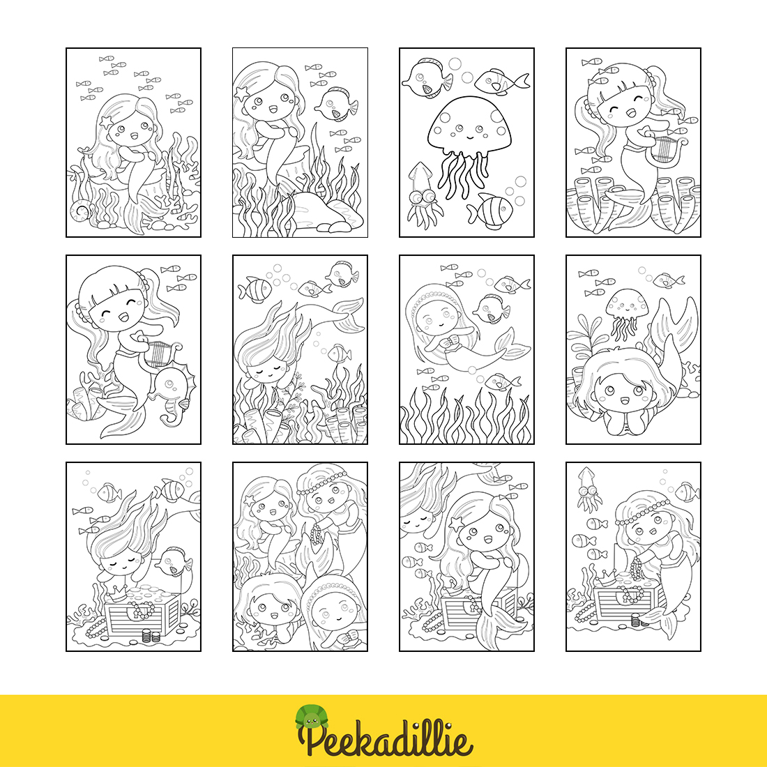 Cute Swimming Little Mermaid Cartoon Coloring Pages for Kids and Adult preview image.
