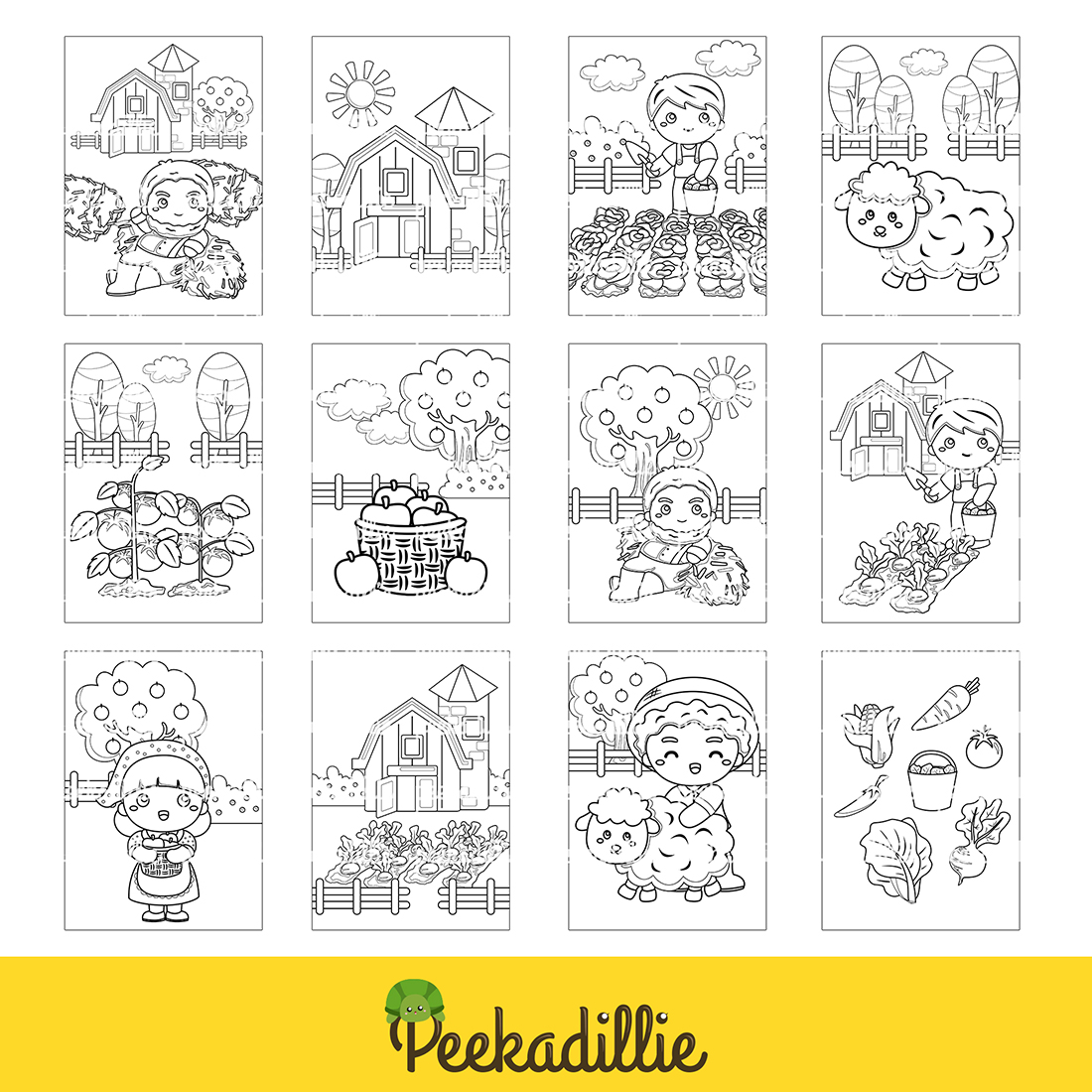 Fun Farm Life Activity with Kids Farmer Family and Animals Coloring Pages Set preview image.