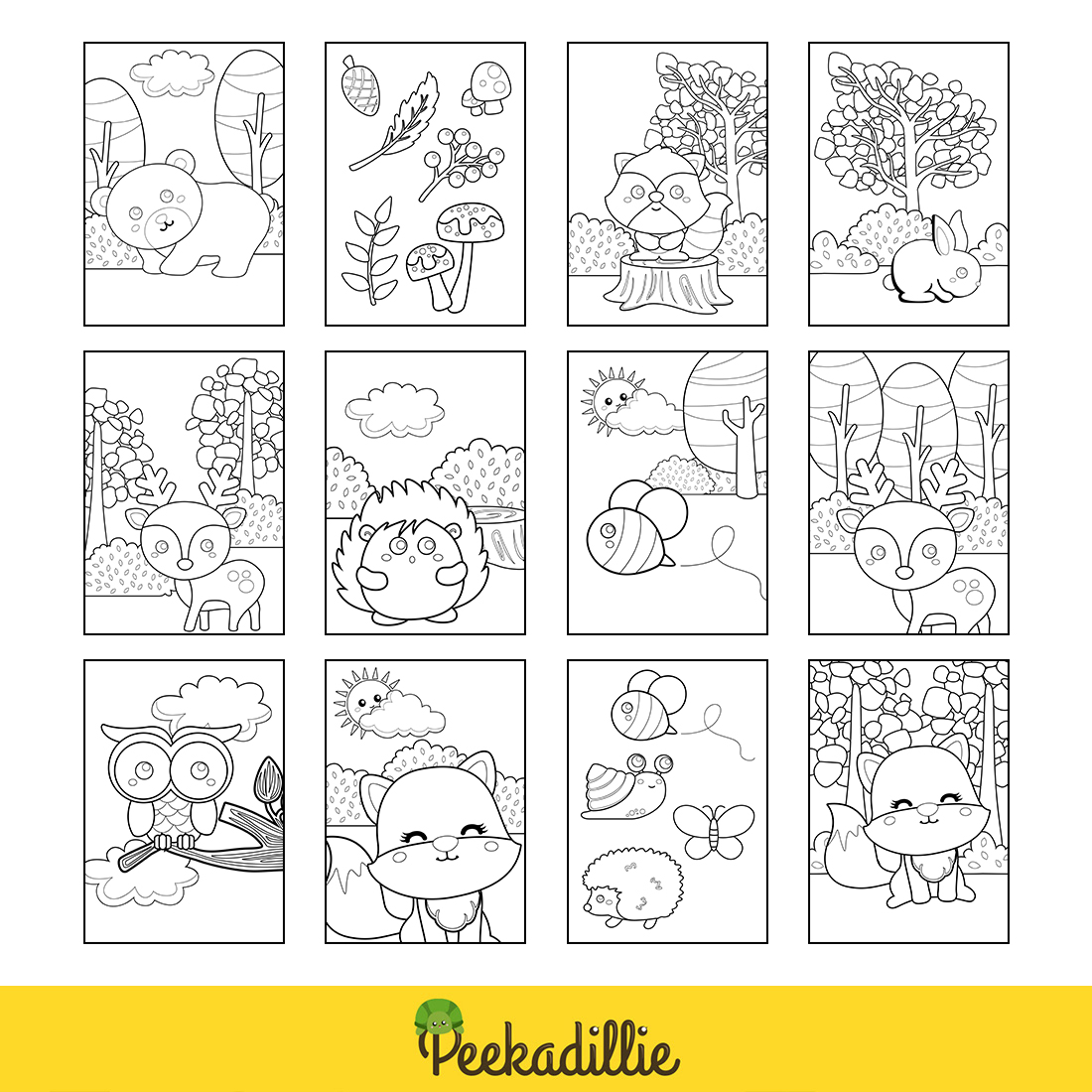 Woodland Forest Nature Animals Owl Bear Fox Deer Porcupine Coloring Pages for Kids and Adult preview image.