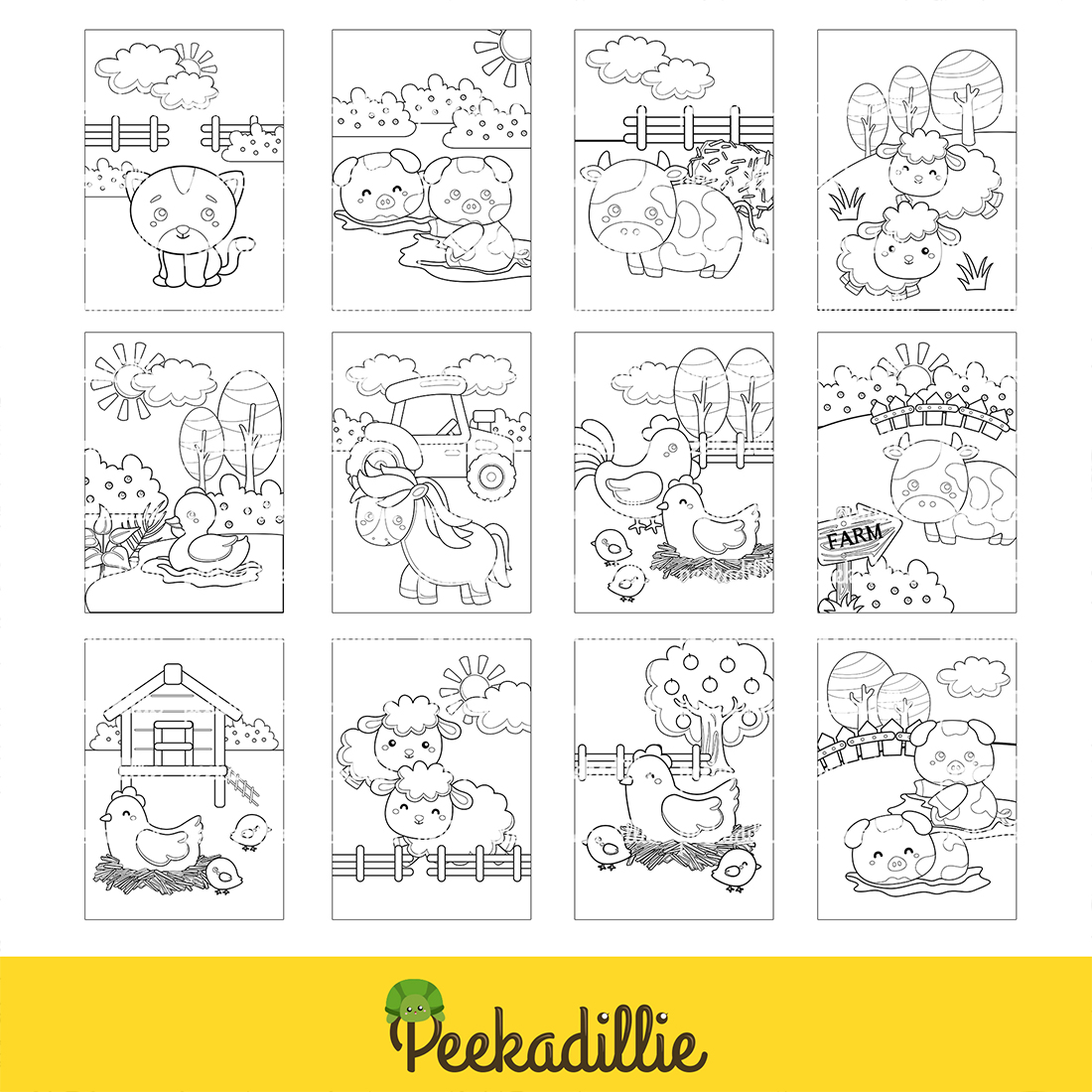 Cute Farm Animals Like Sheep Cow Horse Chicken Pig Nature and Farmer Tractor Coloring for Kids and Adult preview image.