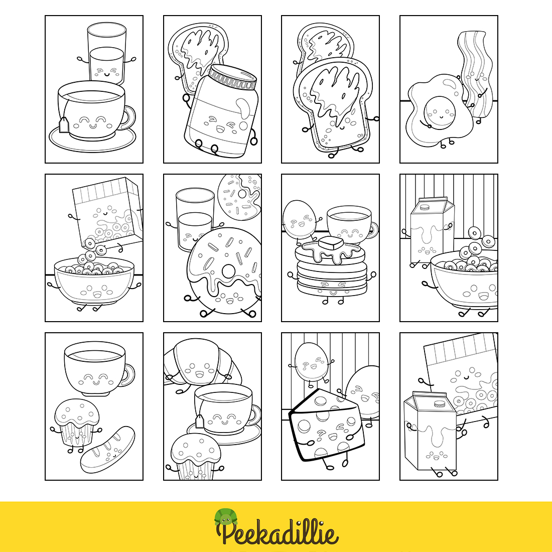 Cute Breakfast Food and Drink Like Pancake Toast Bread Cereal Milk Tea Egg Cheese Muffin Coloring Pages for Kids and Adult preview image.