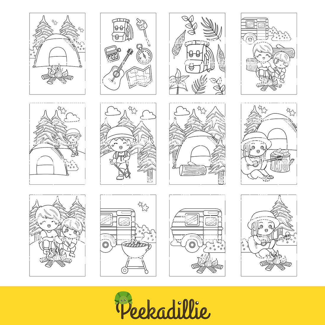 Fun Holiday Lets Go Camping Outdoor Activity Coloring Pages for Kids and Adult preview image.