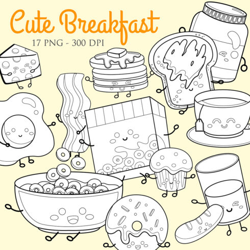 Breakfast Food and Drink Sunny Side Egg Bacon Toast Bread Jam Milk Cheese Cereal Pancake Tea Milk Sausage Croissant Digital Stamp Outline cover image.