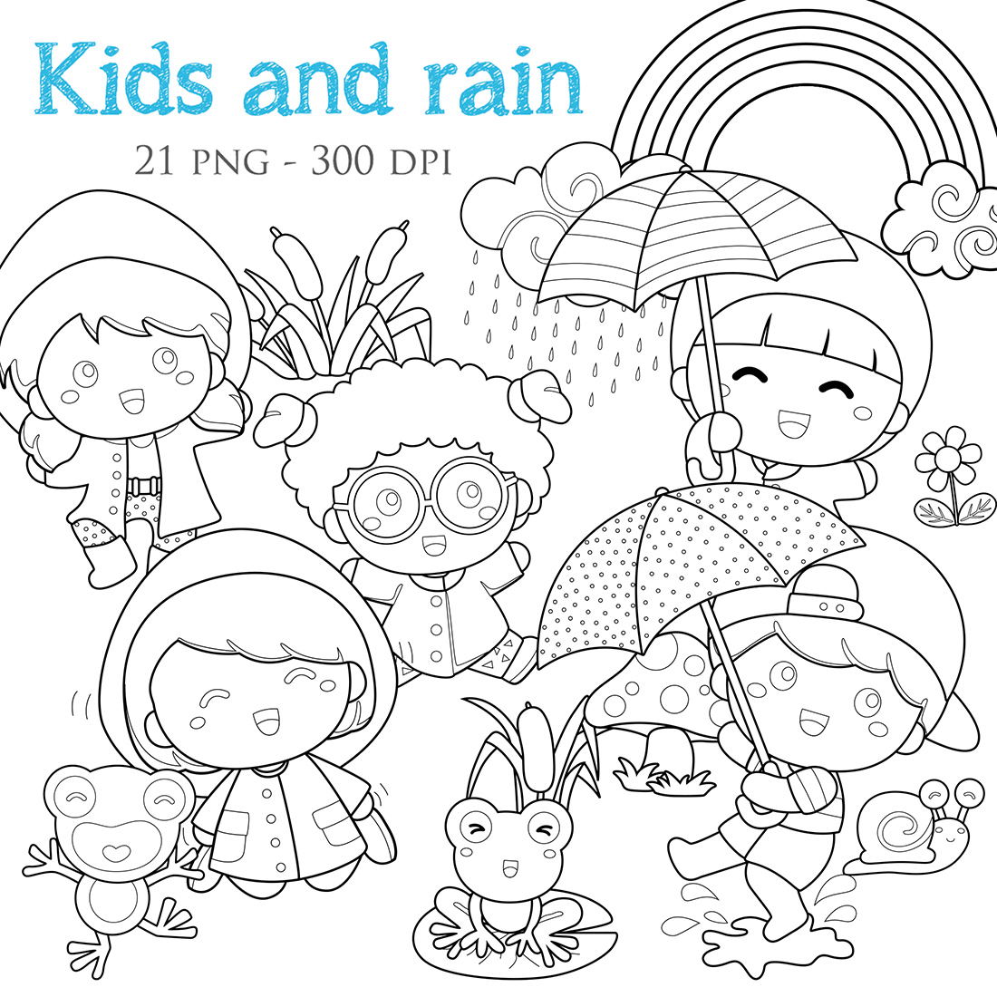 Cute Kids and Rain Weather with Animals Garden Digital Stamp Outline cover image.