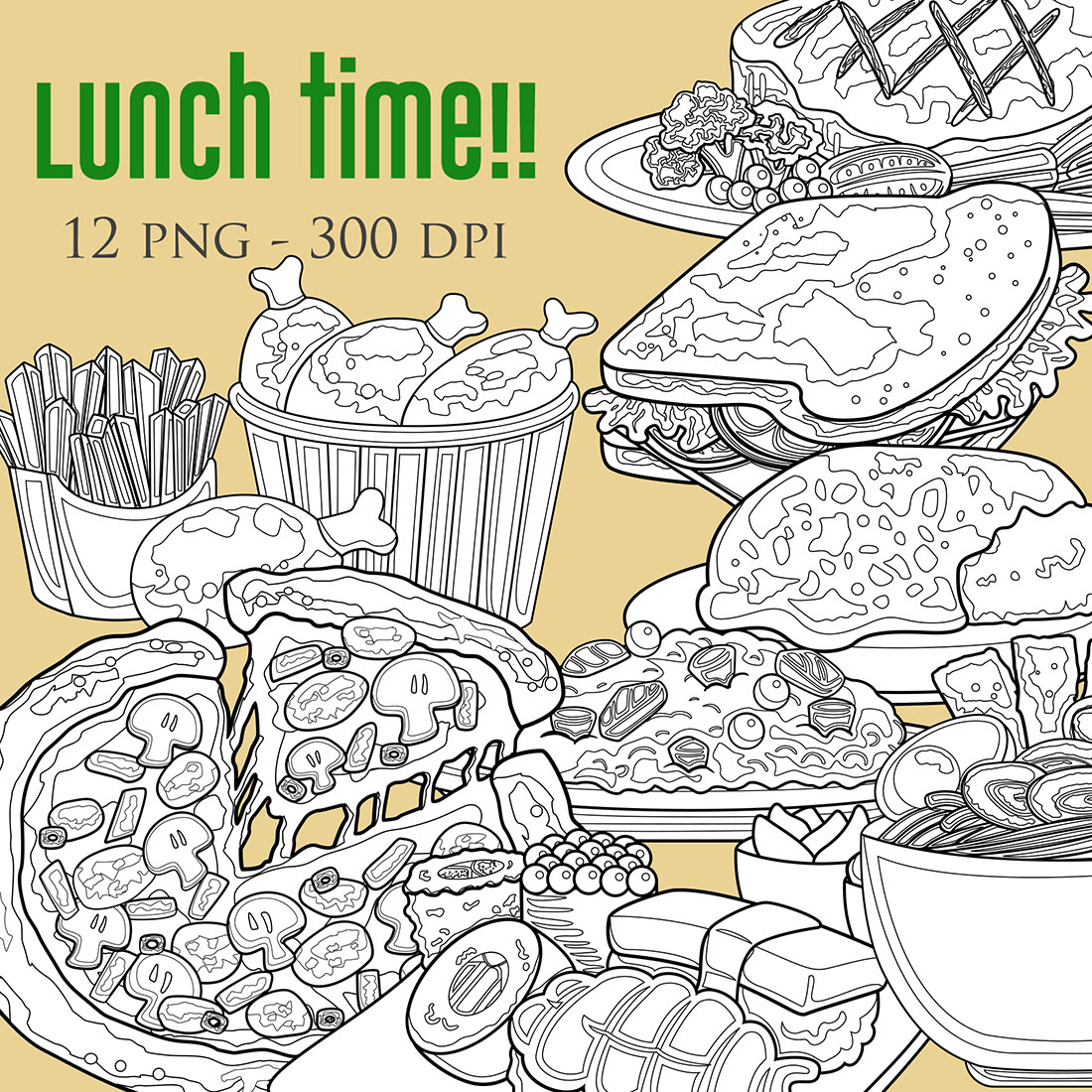 Lunch Time Junk Food Pizza Sandwich Sushi Ramen Noodle Rice Chicken Steak Digital Stamp Outline cover image.