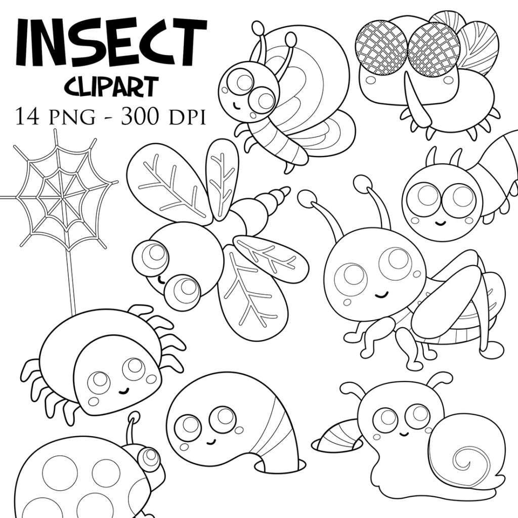 Happy Insect Outline Funny Insects Animal Digital Stamp Outline - MasterBundles