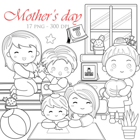 Mother's Day Activity at Home With Kids Boy and Girl With Love Digital Stamp Outline cover image.