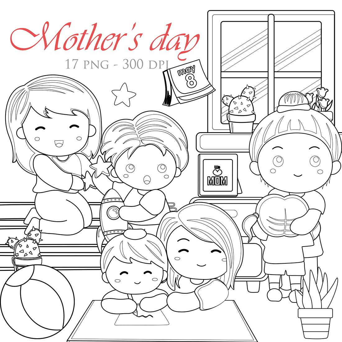 Mother's Day Activity at Home With Kids Boy and Girl With Love Digital Stamp Outline cover image.
