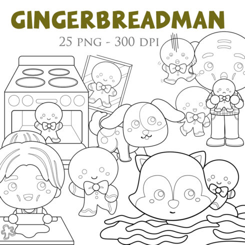 Cute Gingerbread Cookies Kitchen and Man and Animals Digital Stamp Outline cover image.