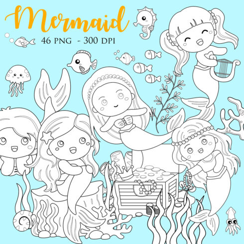 Swimming Mermaid In The Sea with Animals and Floral Treasure Digital Stamp Outline cover image.