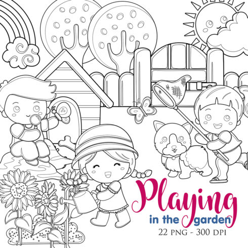 Cute Kids Fun Playing in the Garden on Summer Holiday Activity Digital Stamp Outline cover image.