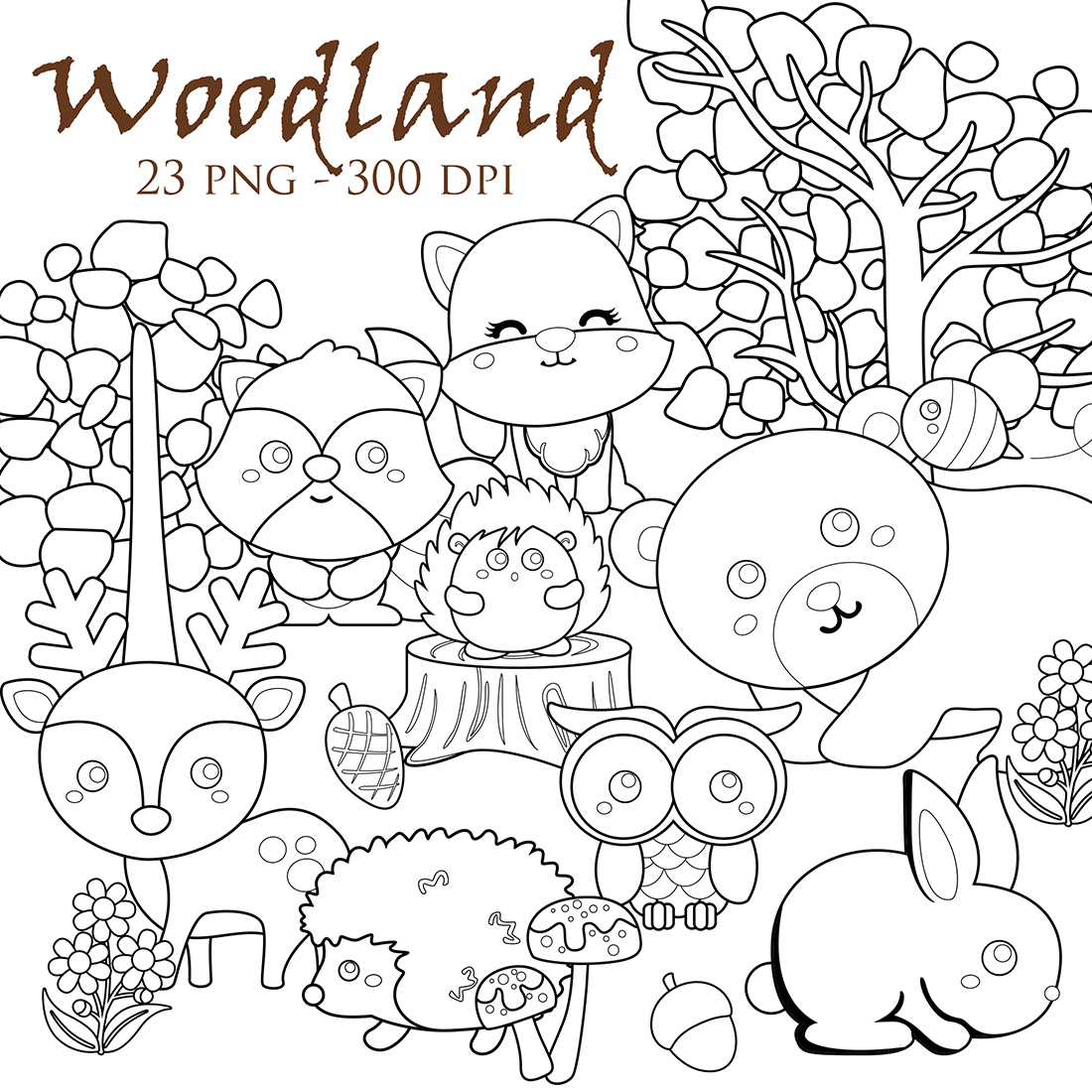Woodland Animals Nature Forest Jungle Bear Owl Bird Deer Rabbit Fox Digital Stamp Outline cover image.