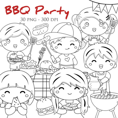 Kids Activity Outdoor Barbeque BBQ Party on Holiday Digital Stamp Outline cover image.