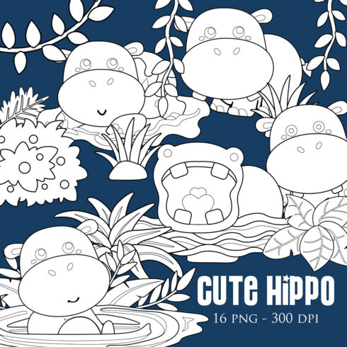 Cute Hippopotamus Animal Digital Stamp Outline cover image.