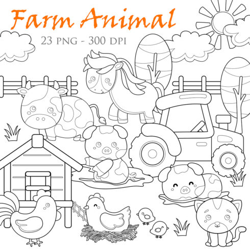 Farm Animal Barn Tractor Cow Chicken Pig Horse Cat Digital Stamp Outline cover image.