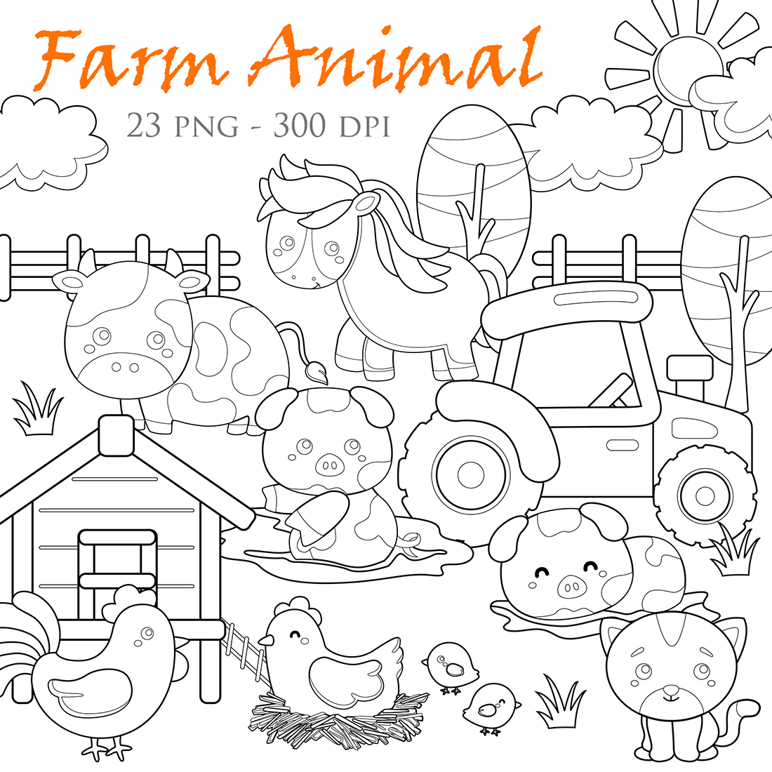 Farm Animal Barn Tractor Cow Chicken Pig Horse Cat Digital Stamp Outline cover image.