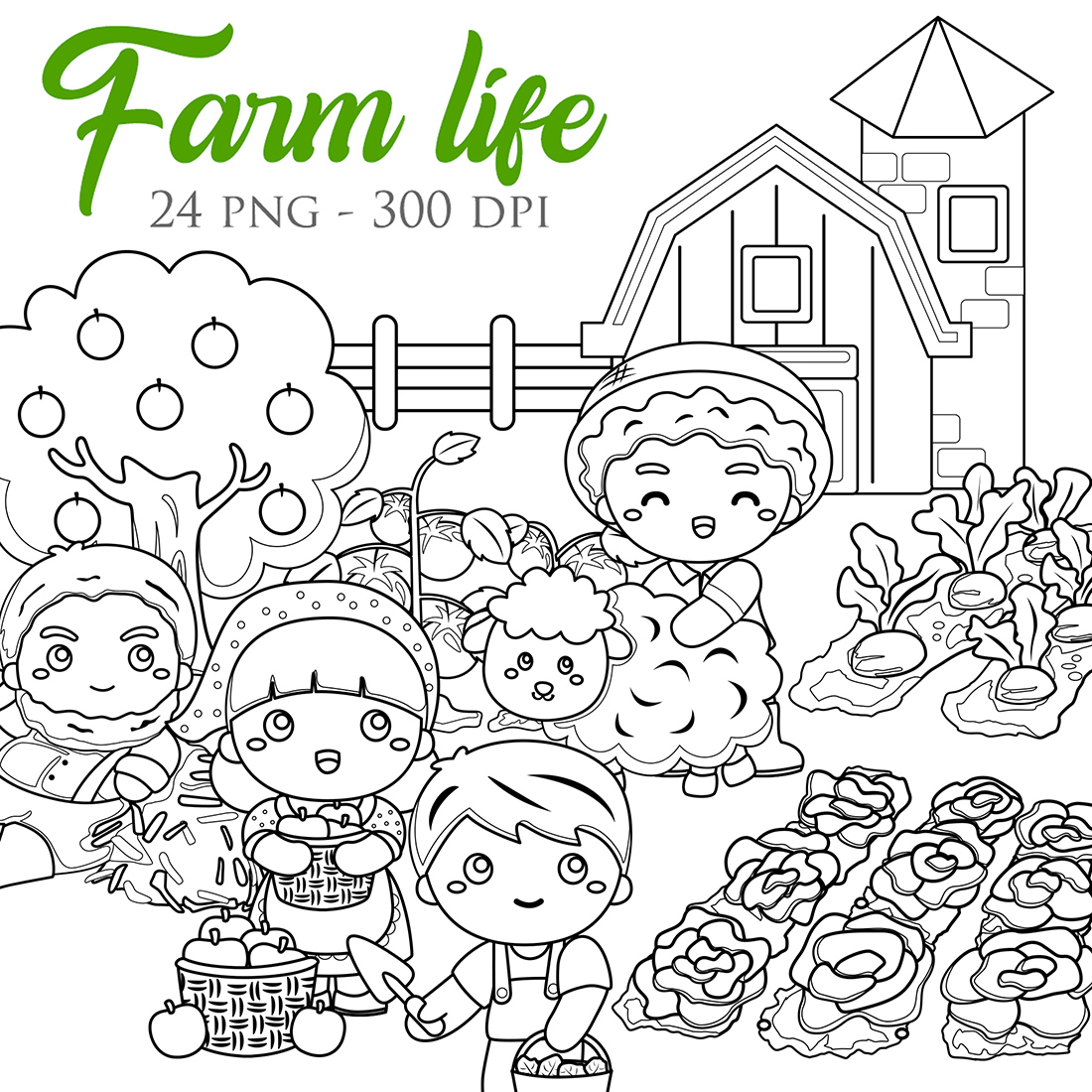 Farmer Family Farm Life Harvest Vegetables and Animals Digital Stamp Outline cover image.