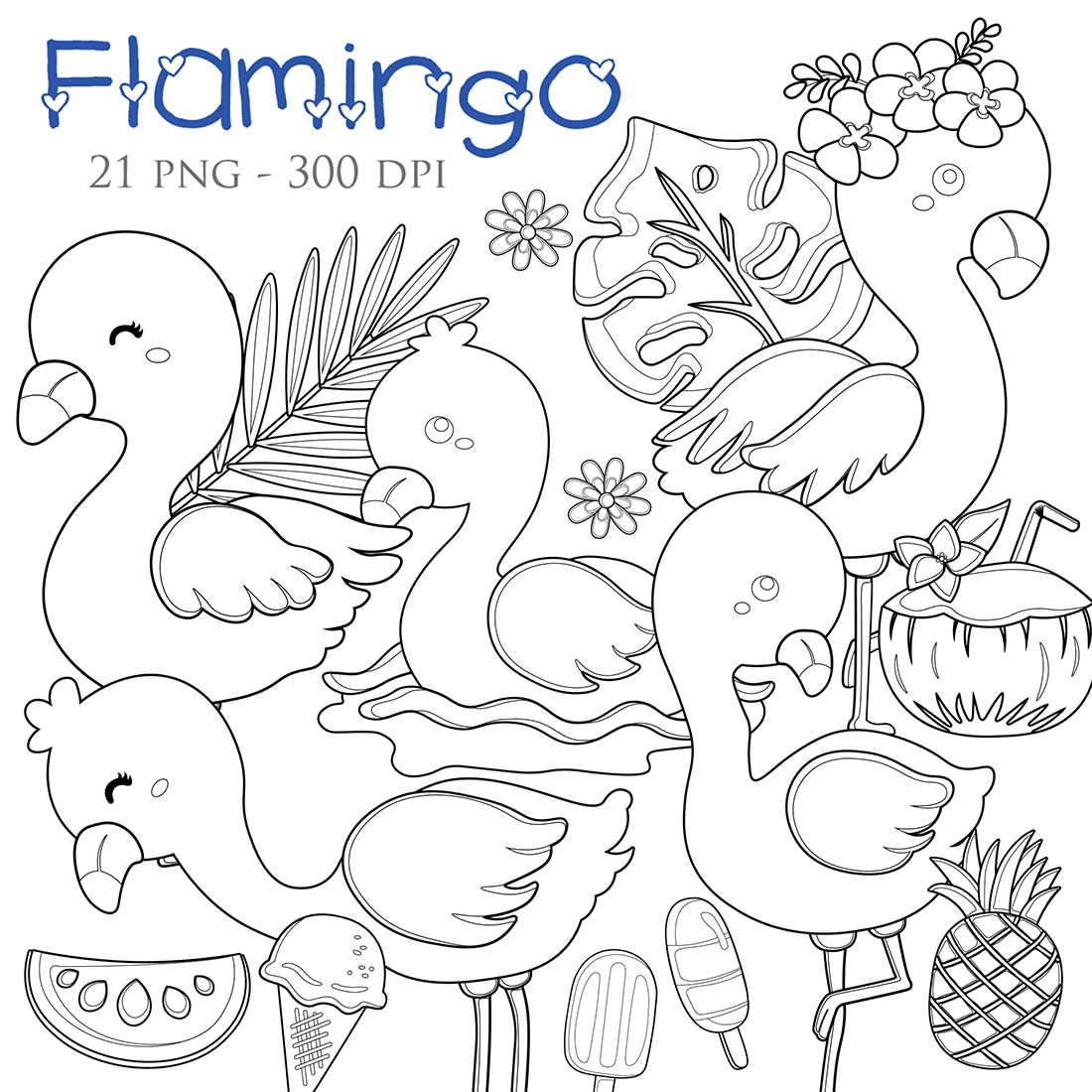 Funny Flamingo Bird Animal and Summer Fruits Coconut Pineapple Nature Holiday Digital Stamp Outline cover image.