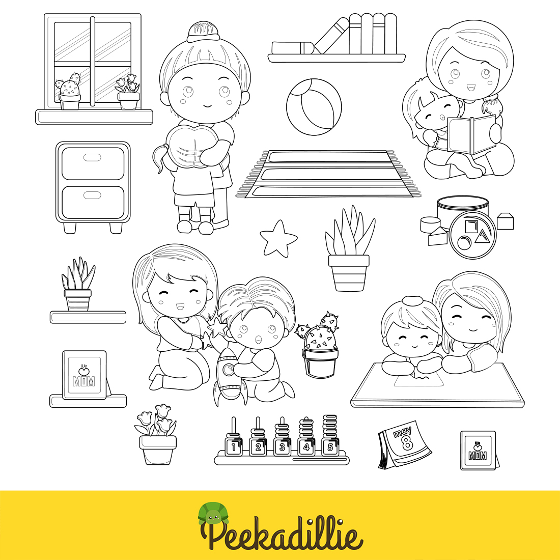 Mother's Day Activity at Home With Kids Boy and Girl With Love Digital Stamp Outline preview image.