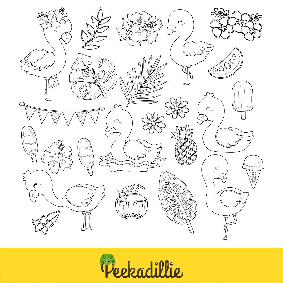 Funny Flamingo Bird Animal and Summer Fruits Coconut Pineapple Nature Holiday Digital Stamp Outline preview image.