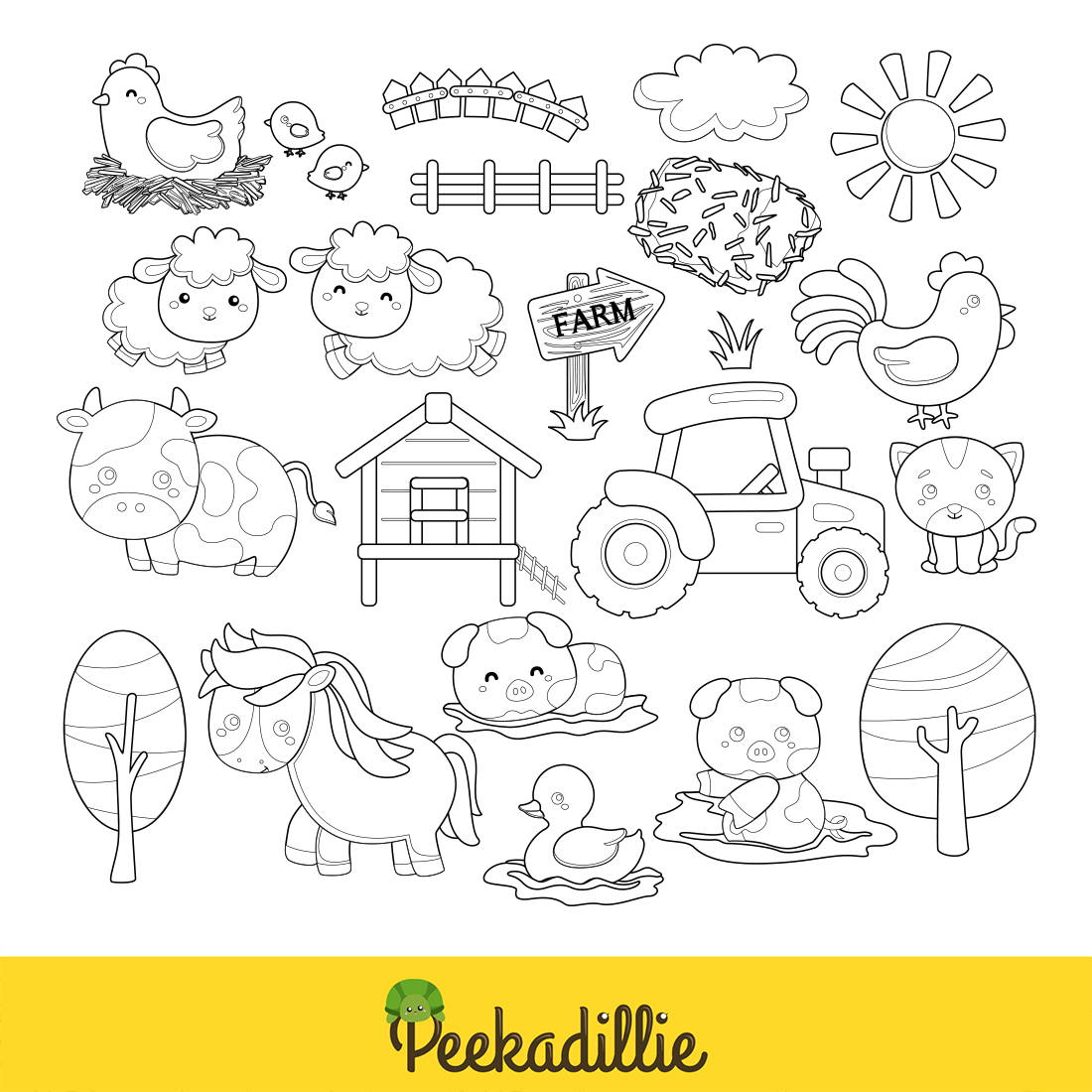 Farm Animal Barn Tractor Cow Chicken Pig Horse Cat Digital Stamp Outline preview image.
