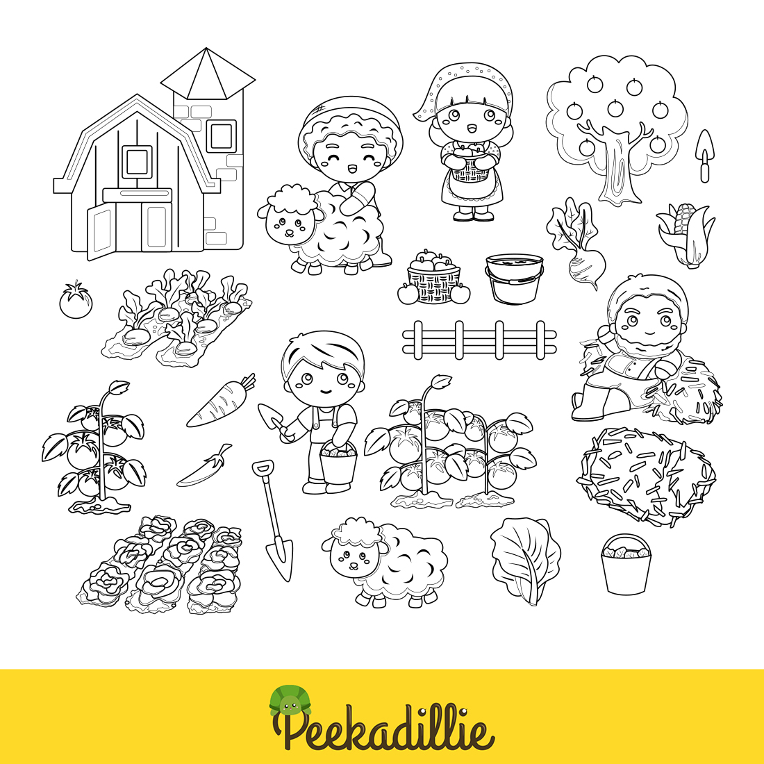 Farmer Family Farm Life Harvest Vegetables and Animals Digital Stamp Outline preview image.