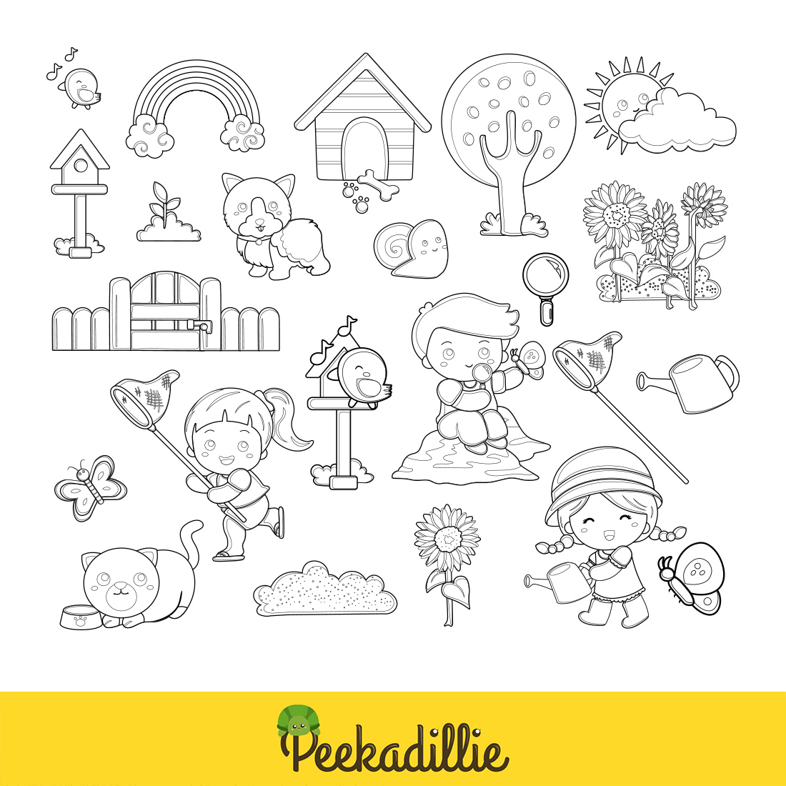 Cute Kids Fun Playing in the Garden on Summer Holiday Activity Digital Stamp Outline preview image.