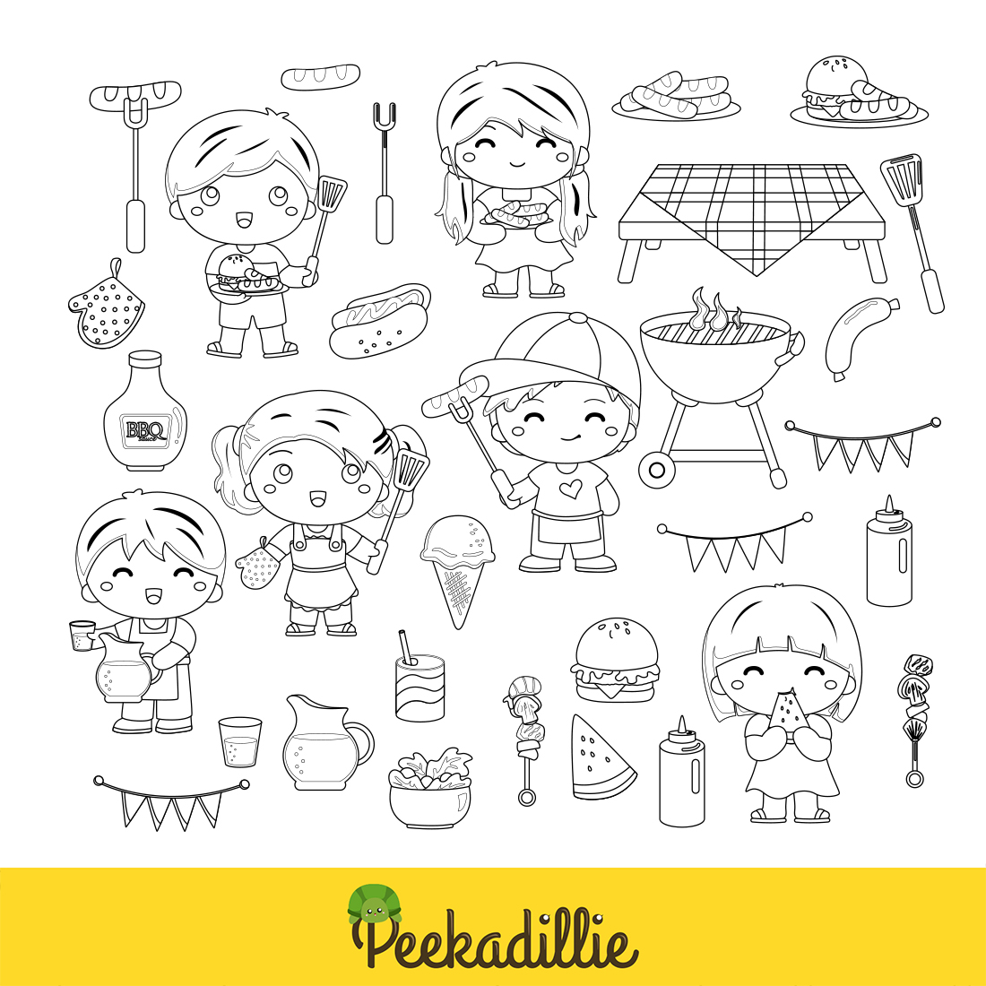 Kids Activity Outdoor Barbeque BBQ Party on Holiday Digital Stamp Outline preview image.