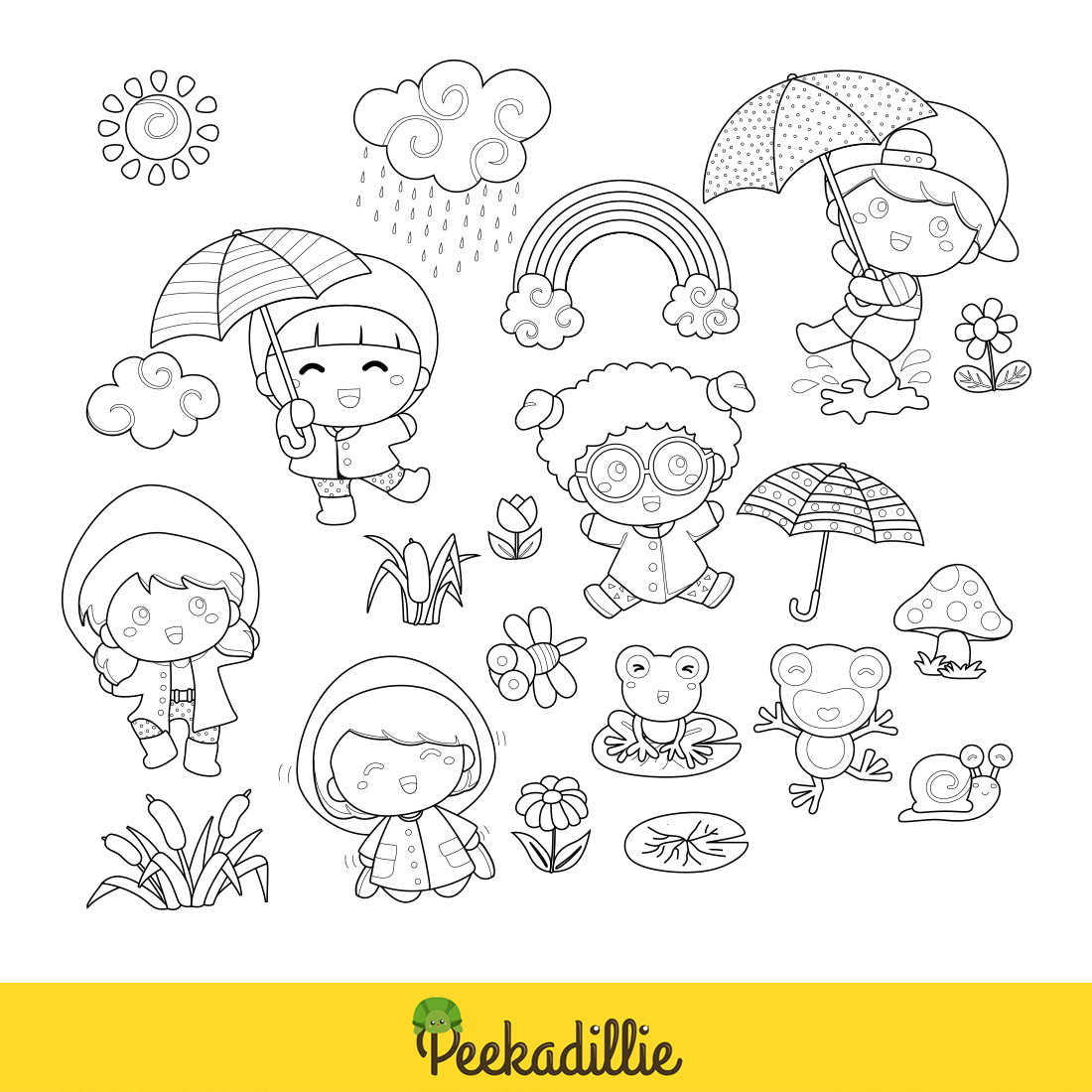 Cute Kids and Rain Weather with Animals Garden Digital Stamp Outline preview image.