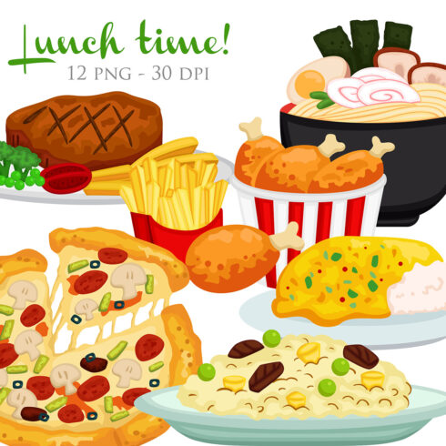 Delicious Lunch Time Like Junk Food Steak Noodle Pizza Sandwich Fried Chicken Sushi Rice Ramen cover image.