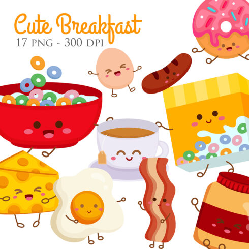 Delicious Breakfast Food and Drink Cereal Bacon Sunny Side Egg Cheese Sausage Doughnut Bread Toast Jam Tea Coffee Illustration Vector Clipart Cartoon cover image.