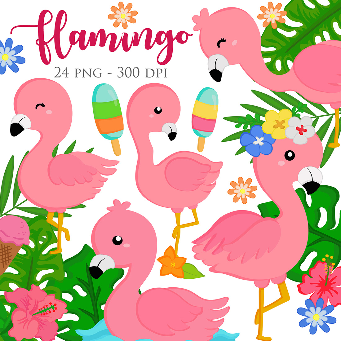 Cute Pink Flamingo Bird Animal Summer Party Nature Illustration Vector Clipart Cartoon cover image.