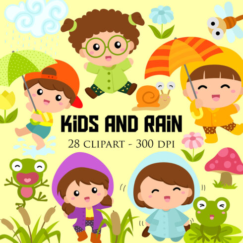 Happy Kids Playing With Rain in The Garden with Animals Illustration Vector Clipart cover image.