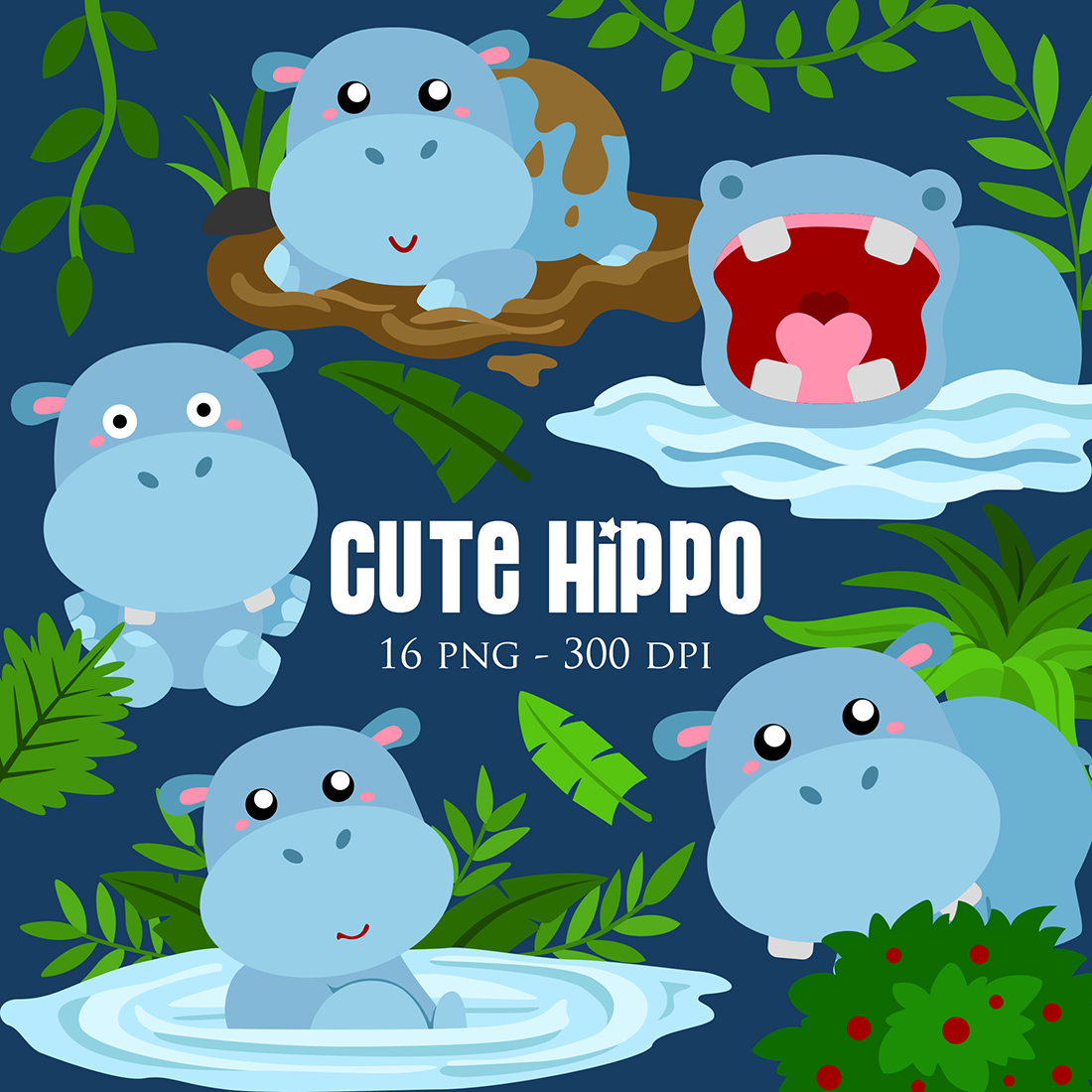 Hippopotamus Animal Vector Clipart Illustrations cover image.