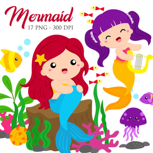 Colorful Little Mermaid with Sea Animals Illustration Vector Clipart Cartoon cover image.