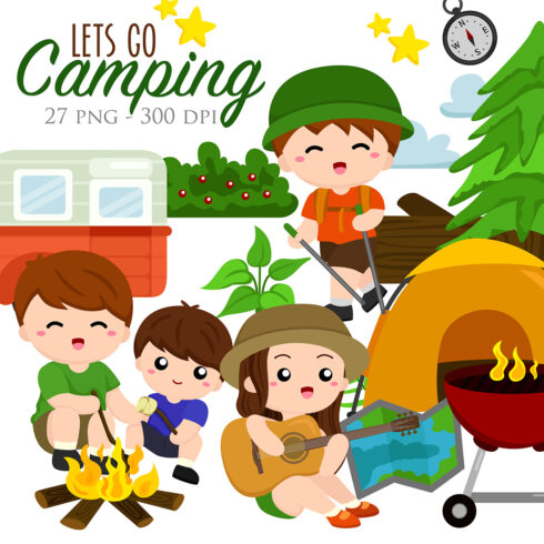 Happy Kids Doing Nature Fun Outdoor Camping Activity on Holiday Illustration Vector Clipart cover image.