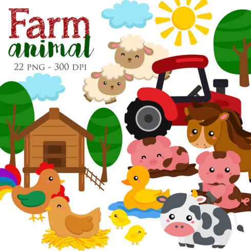 Cute Nature Farm Animal Chicken Pig Cow Horse Sheep Duck Illustration Vector Clipart Cartoon cover image.