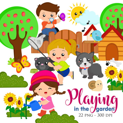 Kids Playing at Outdoor Garden on Holiday Summer with Animals Illustration Vector Clipart Cartoon cover image.