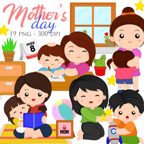 Beautiful Mother's Day Celebrate Love Kids Boy and Girl at Home Illustration Vector Clipart Cartoon cover image.