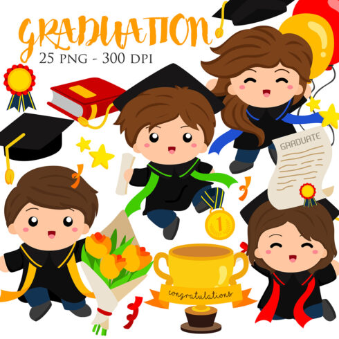 Happy Student Kids Celebration Graduation School Illustration Vector Clipart Cartoon cover image.