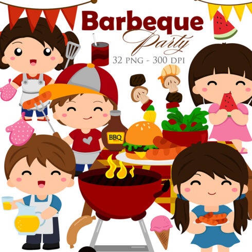 Cute Kids Barbeque Party Outdoor Activity Illustration Vector Clipart cover image.