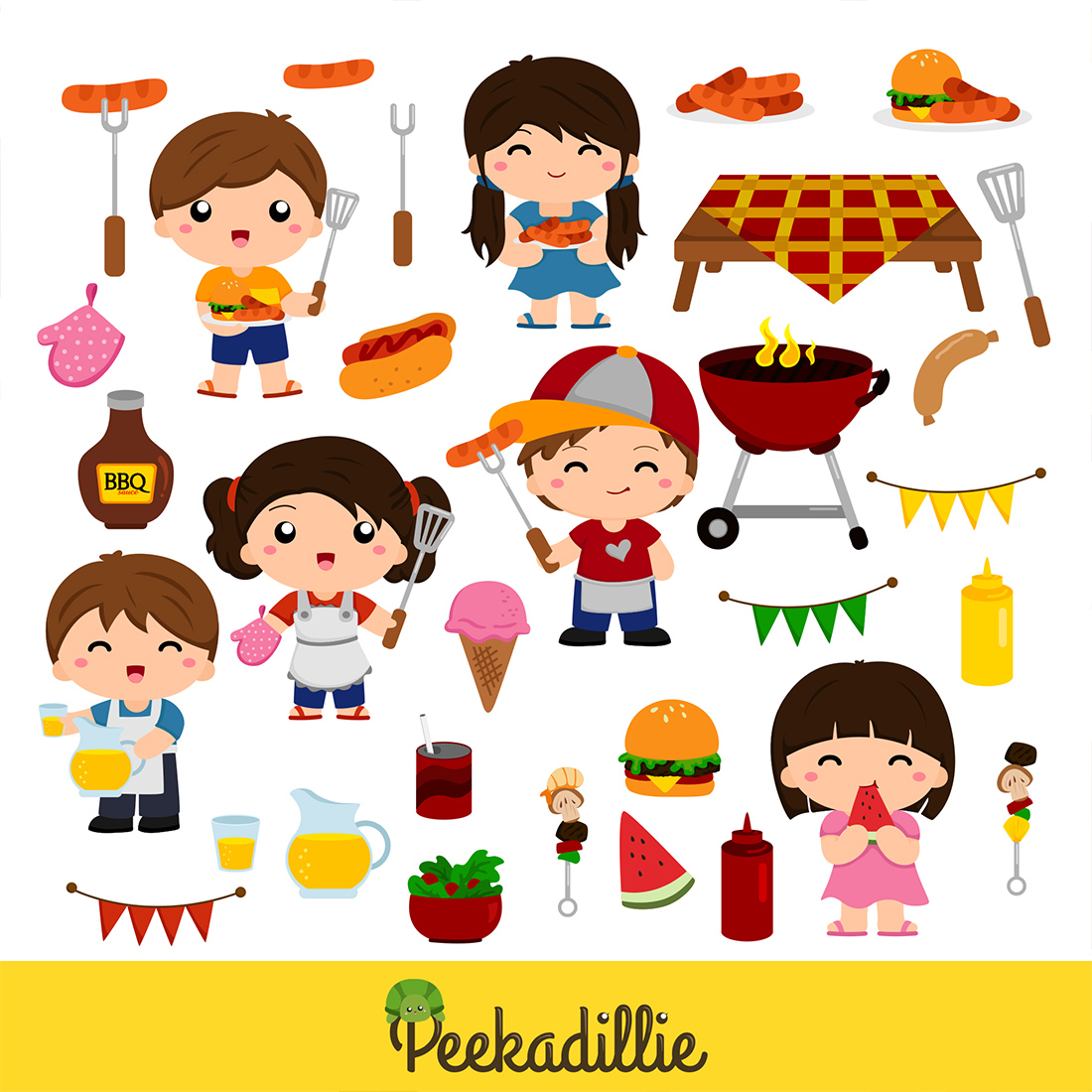 Cute Kids Barbeque Party Outdoor Activity Illustration Vector Clipart preview image.